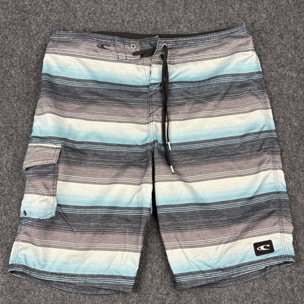 ONeill Mens Blue Grey‎ Striped Board Shorts Cargo Pocket Swim Trunks Size 33
